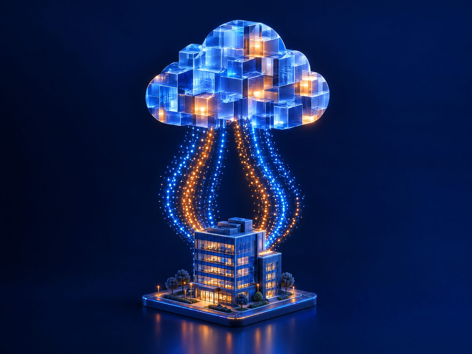 Illustrazione di dati che fluiscono da un ufficio verso un cloud sicuro