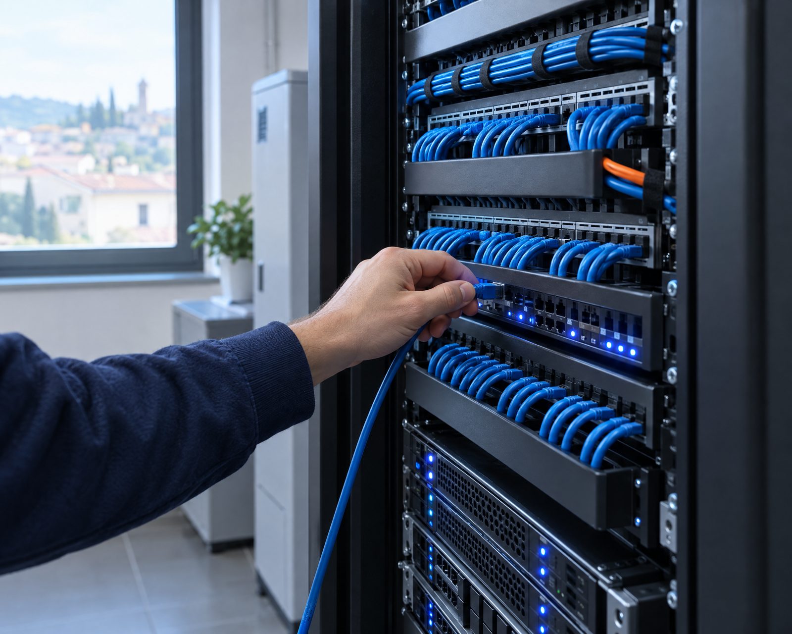 Rack di server con cablaggio ordinato in una piccola azienda