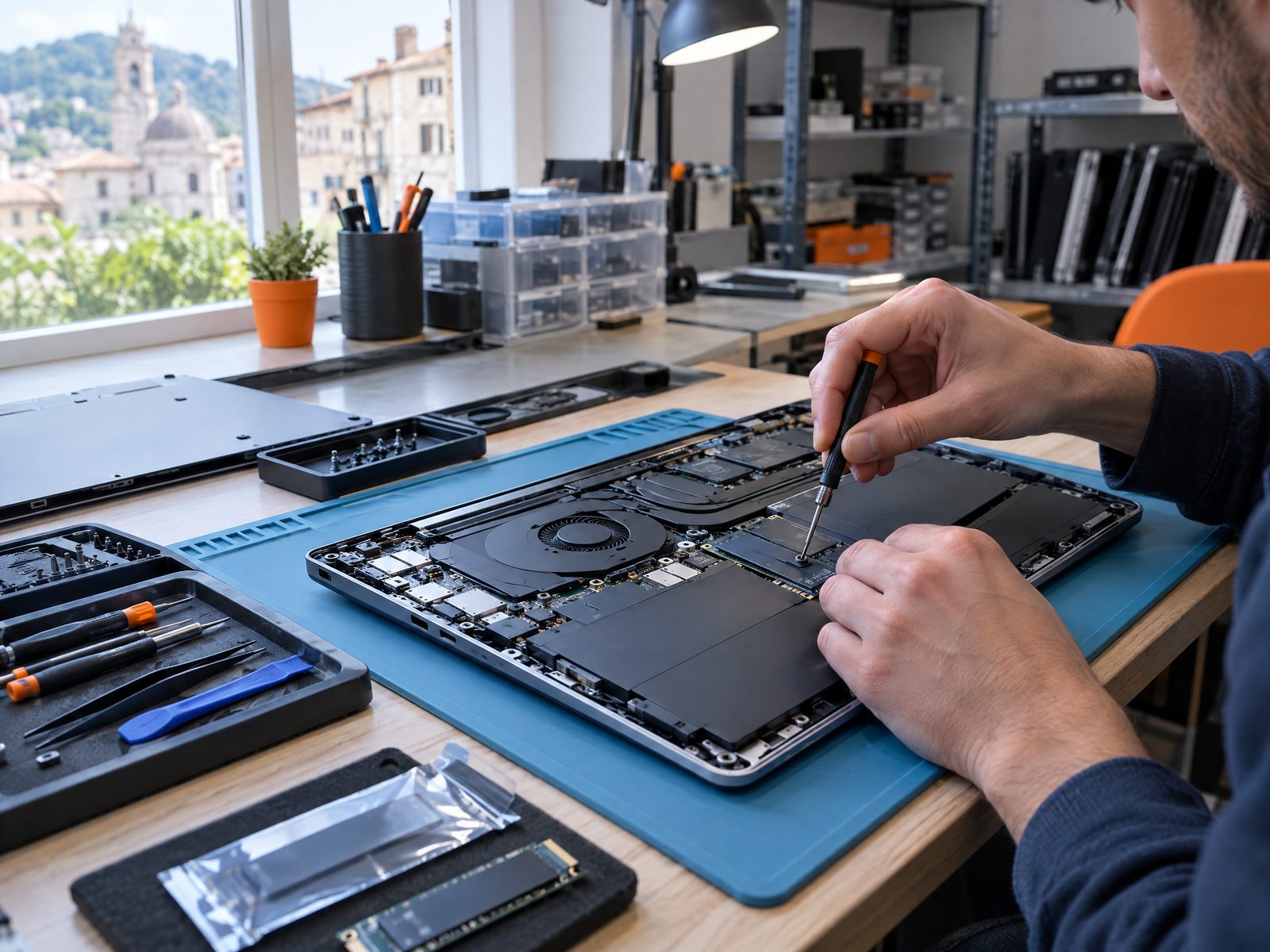 Banco di laboratorio con un notebook aperto durante la sostituzione del disco